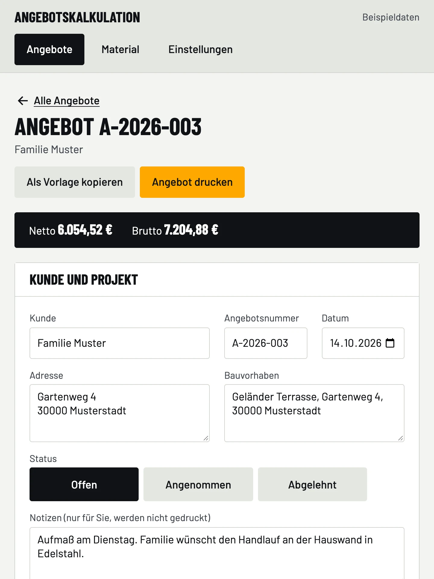 Angebotskalkulation für einen Metallbaubetrieb: Angebot für Familie Muster mit Kalkulation von Lohnkosten über Herstellkosten und Gewinn bis zum Verkaufspreis netto 6.054,52 €