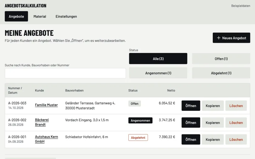 Angebotskalkulation, Liste „Meine Angebote“ mit drei Angeboten, ihrem Status und dem Nettobetrag