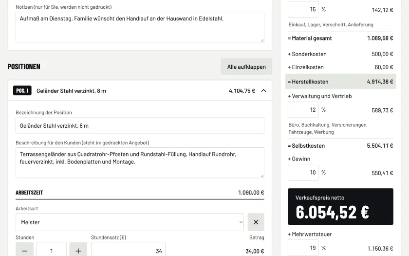 Angebotskalkulation, Angebot für Familie Muster: Position Geländer Stahl verzinkt und die Kalkulation von Material über Herstellkosten und Gewinn bis zum Verkaufspreis netto von 6.054,52 €