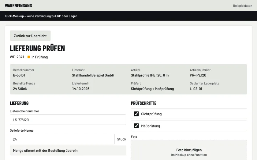 Wareneingang, Klick-Mockup: Lieferung WE-2041 prüfen, Stahlprofile IPE 120 von Stahlhandel Beispiel GmbH, gelieferte Menge 24 Stück stimmt mit der Bestellung überein, Sicht- und Maßprüfung abgehakt