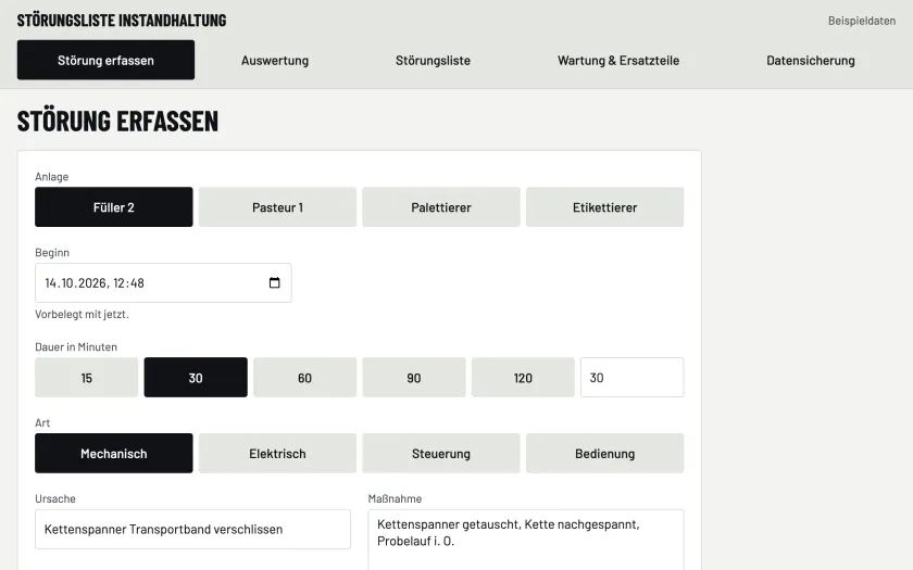 Störungsliste, Formular „Störung erfassen“: Anlage Füller 2, Dauer 30 Minuten, Art mechanisch, Ursache und Maßnahme eingetragen